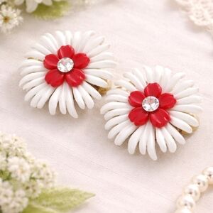 Retro Red & White Floral Clip-On Earrings w/ Rhinestones